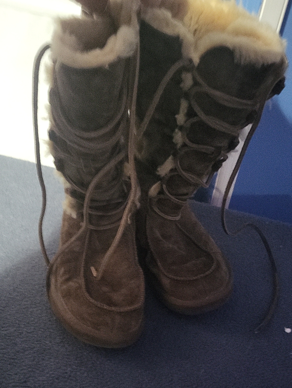 UGG Tall Lace-Up Brown Suede Boots with Cream Fur Trim